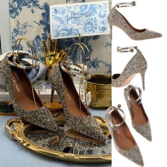 🆕 KURT GEIGER LONDON 🧿 NWOB Embellished Belgravia Jewel Pumps, Beige Combo Sz7 - Picture 1 of 15